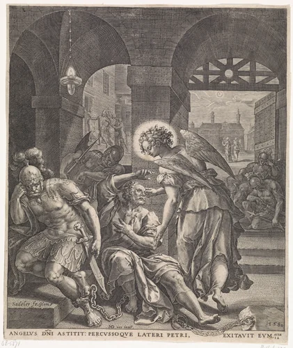 Petrus wordt door de engel uit de gevangenis bevrijd by Unknown, print, 1580