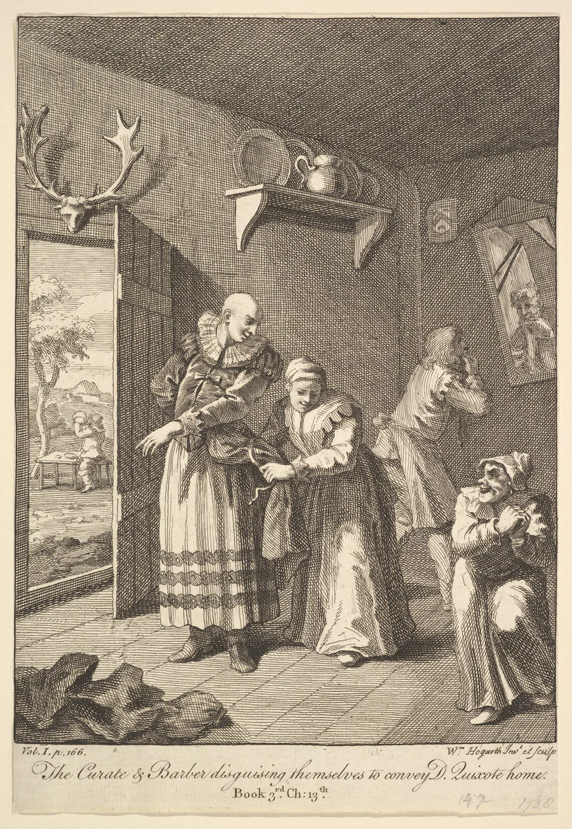 The Curate and Barber Disguising Themselves to Convey Don Quixote Home (Six Illustrations for Don Quixote) by William Hogarth, print, 1756