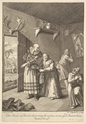 The Curate and Barber Disguising Themselves to Convey Don Quixote Home (Six Illustrations for Don Quixote) by William Hogarth, print, 1756