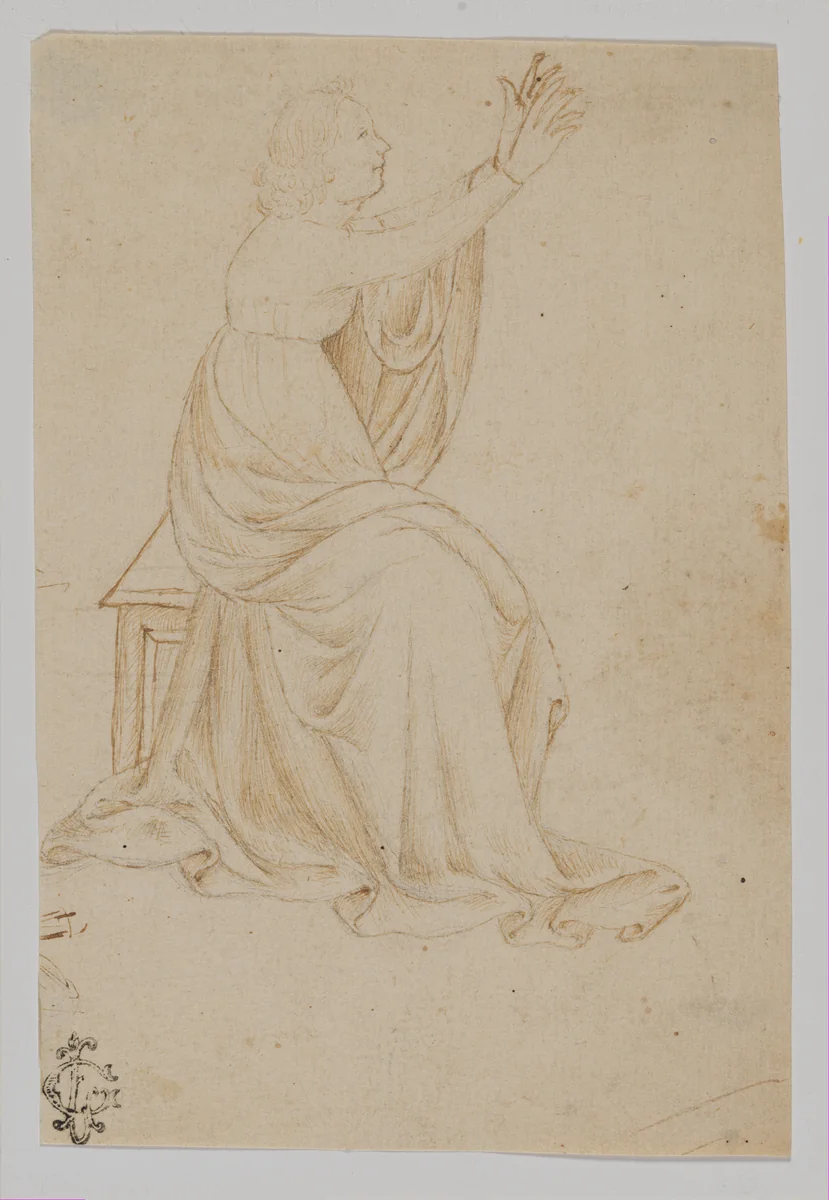 Seated Female Figure with Upraised Arms, Facing Right by Veronese School, drawing, 1436-1470