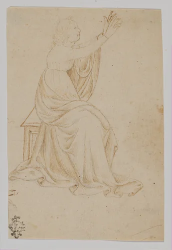 Seated Female Figure with Upraised Arms, Facing Right by Veronese School, drawing, 1436-1470