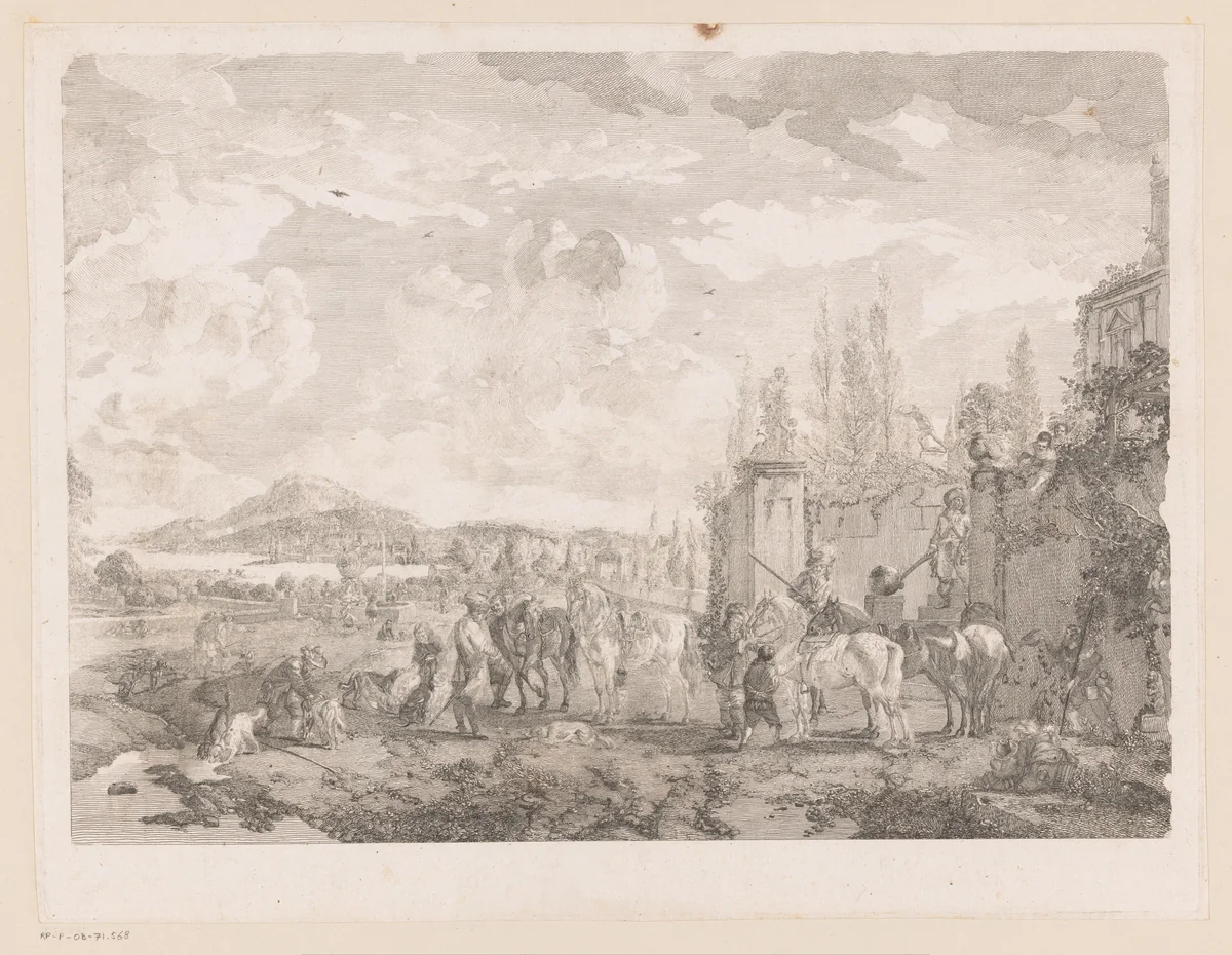 Jachtgezelschap voor een villa by Jean Moyreau, print, 1733-1762