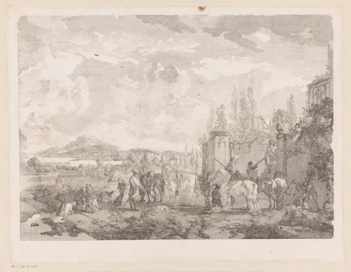 Jachtgezelschap voor een villa by Jean Moyreau, print, 1733-1762