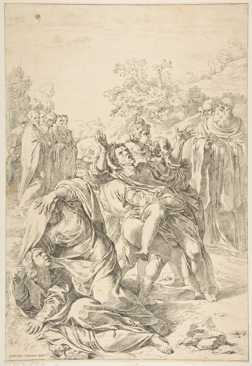 Saint Benedict exorcising a demon by Simone Cantarini, print, 1632-1642