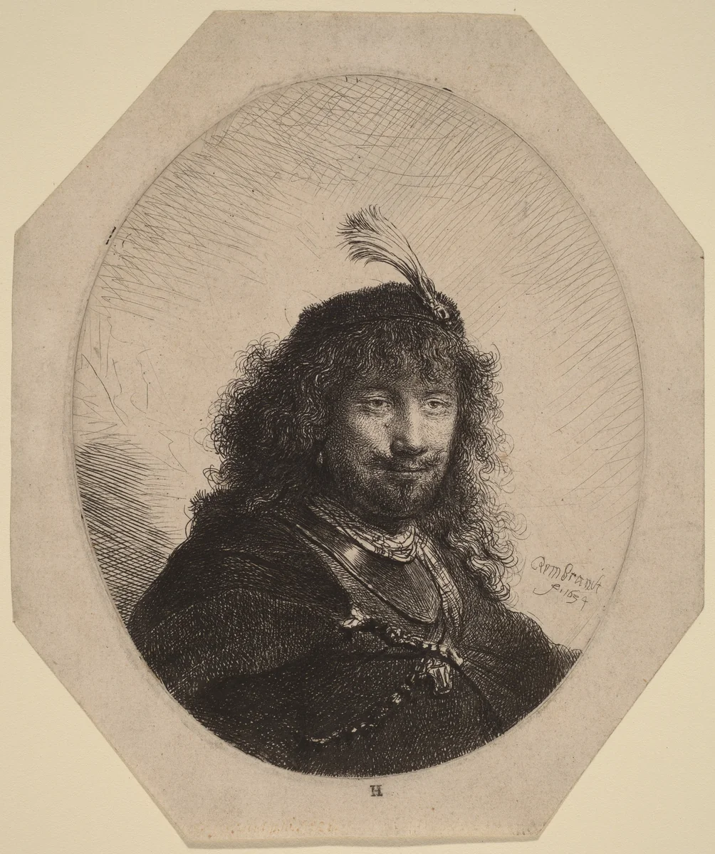Self-Portrait (?) with Plumed Cap and Lowered Sabre by Rembrandt van Rijn, print, 1634