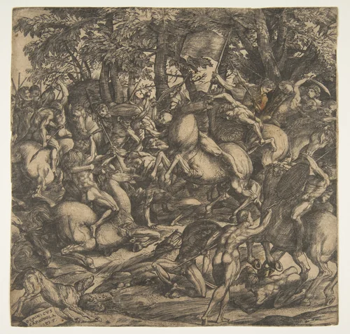 Group of naked men engaged in battle in a wooded landscape, some on horseback; a dog at lower left. by Domenico Campagnola, print, 1517