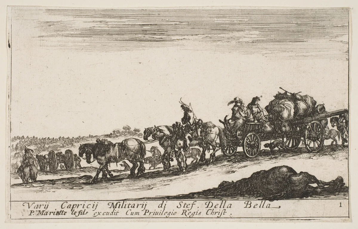 A horse drawn cart carrying people and goods, dead horse in the foreground, plate 1 from "Various Military Caprices" (Varii capricci militari) by Stefano della Bella, print, 1636-1646