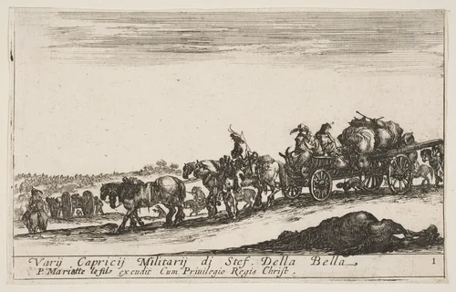 A horse drawn cart carrying people and goods, dead horse in the foreground, plate 1 from "Various Military Caprices" (Varii capricci militari) by Stefano della Bella, print, 1636-1646