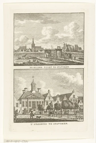 Twee stadsgezichten: Zuiderpoort te Stavoren en stadhuis te Stavoren by Carel Frederik Bendorp, print, 1786-1792