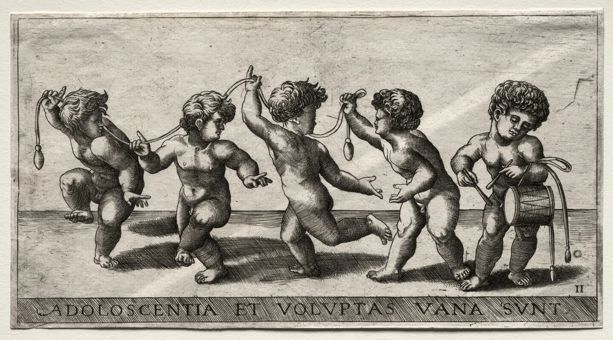 Children Dancing to a Drum by Giorgio Reverdino, print, 1531-1570