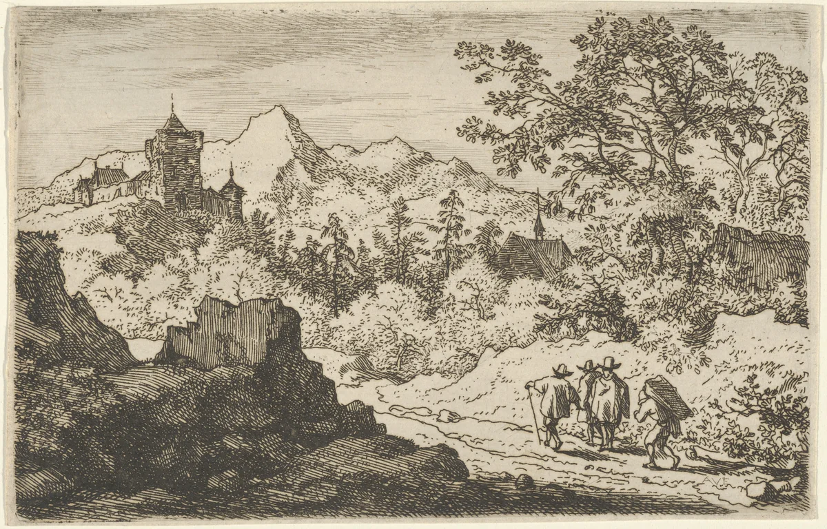 The Three Men and the Porter by Allart van Everdingen, print, 1621-1675