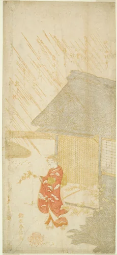 Young Woman Holding a Kerria Branch (parody of Ota Dokan) by Suzuki Harunobu (鈴木春信), print, 1759-1770
