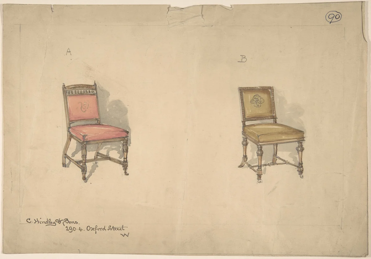 Designs for Two Chairs by Charles Hindley and Sons, drawing, 1884-1892