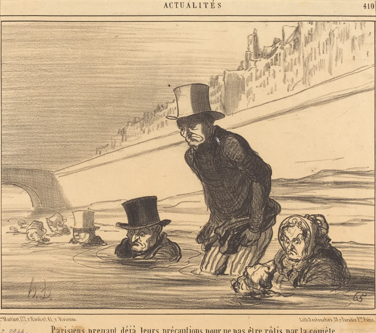Parisiens prenant... leurs précautions... by Honoré Daumier, print, 1857