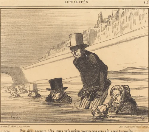 Parisiens prenant... leurs précautions... by Honoré Daumier, print, 1857
