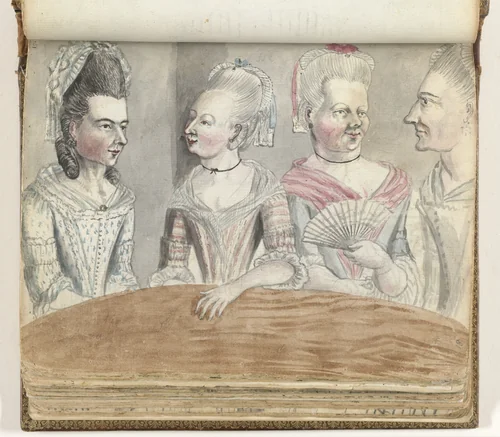 Vier vrouwen aan een tafel tijdens uitstapje naar Falmouth by Jan Brandes, drawing, 1778