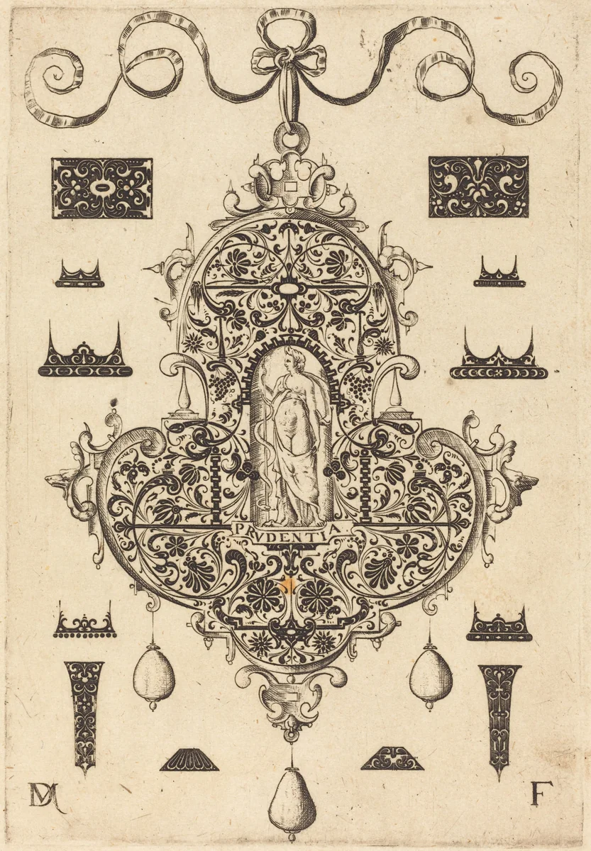 Large Pendant, Prudence Standing at Centre by Daniel Mignot, print, 1593