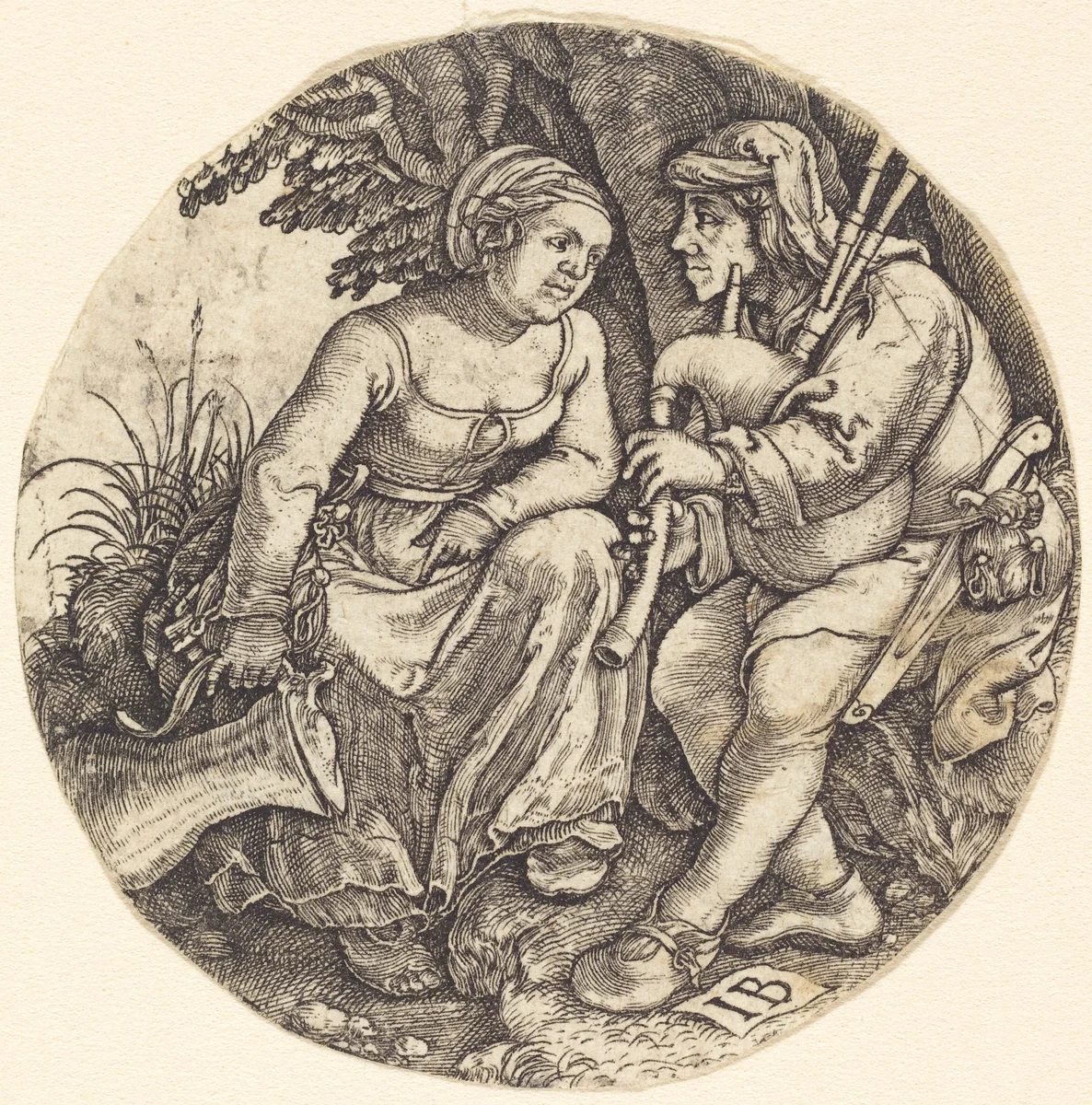 Bagpipe Player with His Lover by Master IB, print, 1450-1583