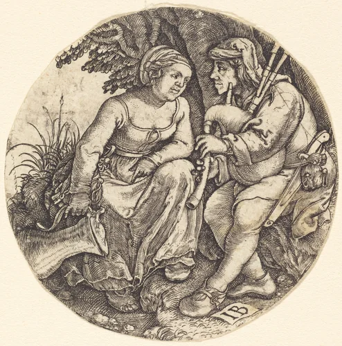Bagpipe Player with His Lover by Master IB, print, 1450-1583