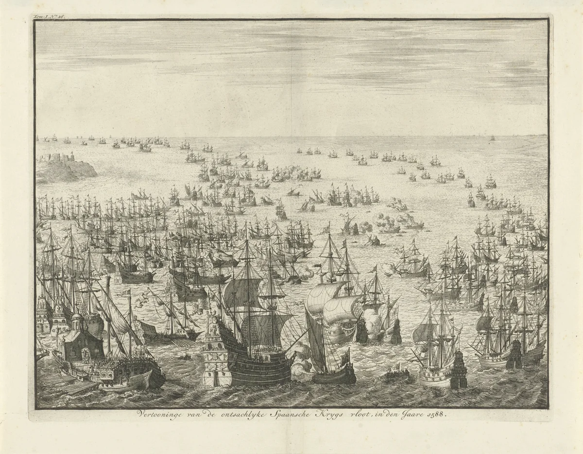 Ondergang van de Spaanse Armada, 1588 by Jan Luyken, print, 1730-1738