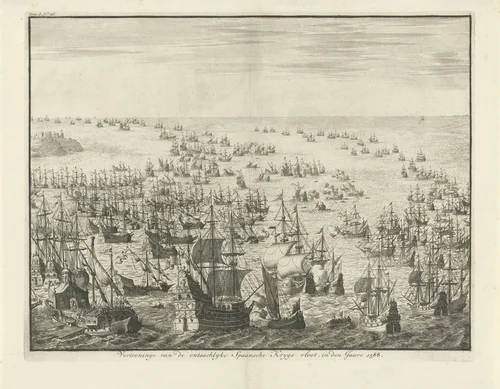 Ondergang van de Spaanse Armada, 1588 by Jan Luyken, print, 1730-1738