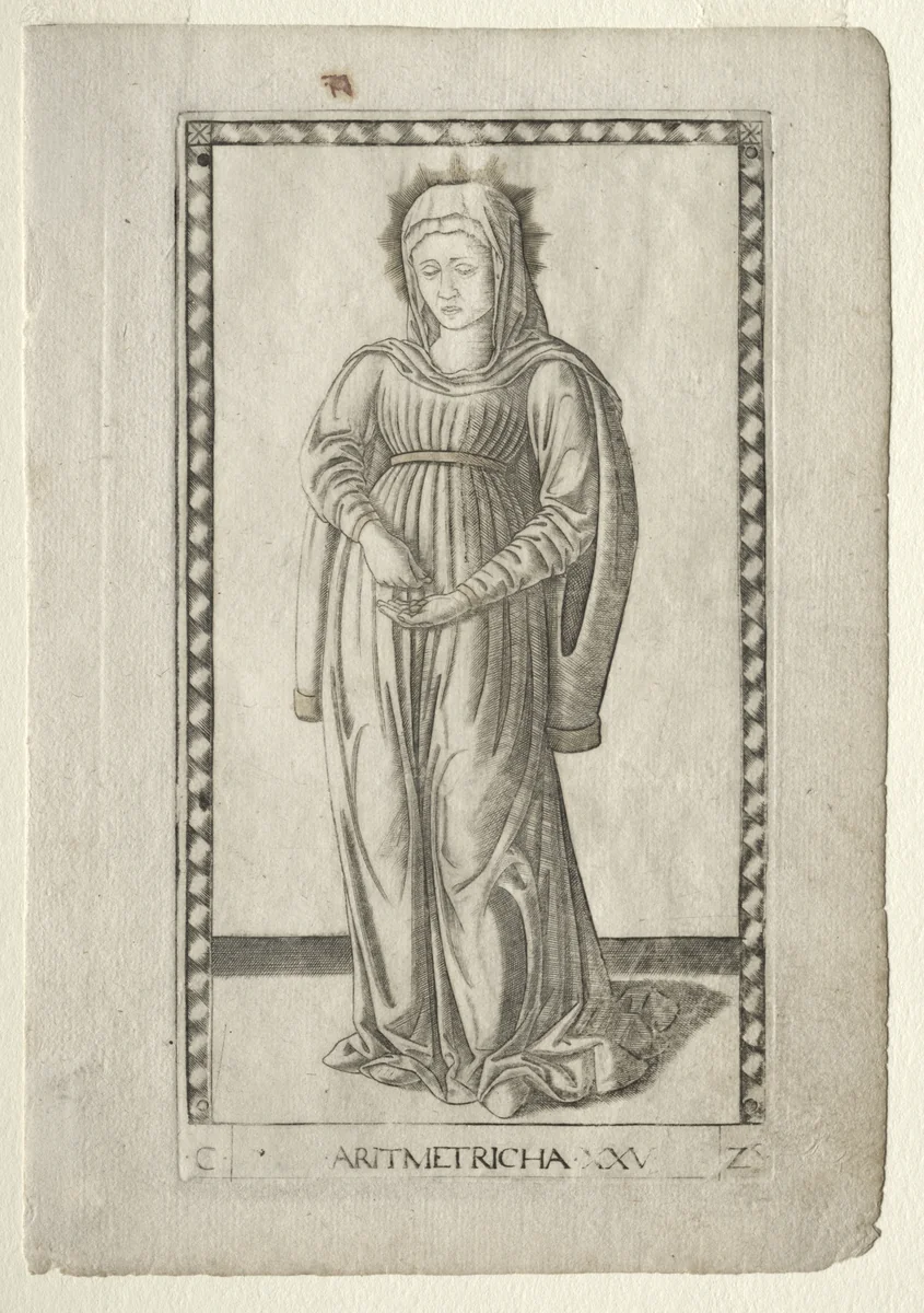 Arithmetic (from the Tarocchi, series C: Liberal Arts, #25) by Master of the E-Series Tarocchi, print, 1457-1467