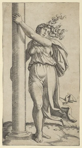 A young woman personifying Force or Strength holding a column by Marcantonio Raimondi, print, 1512-1522