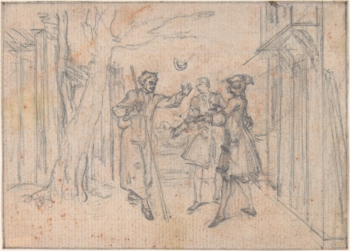 Study for "Hob Carrying Friendly's Letter," etched vignette in "Songs in the Opera of Flora" by Hubert François Gravelot, drawing, 1732-1742