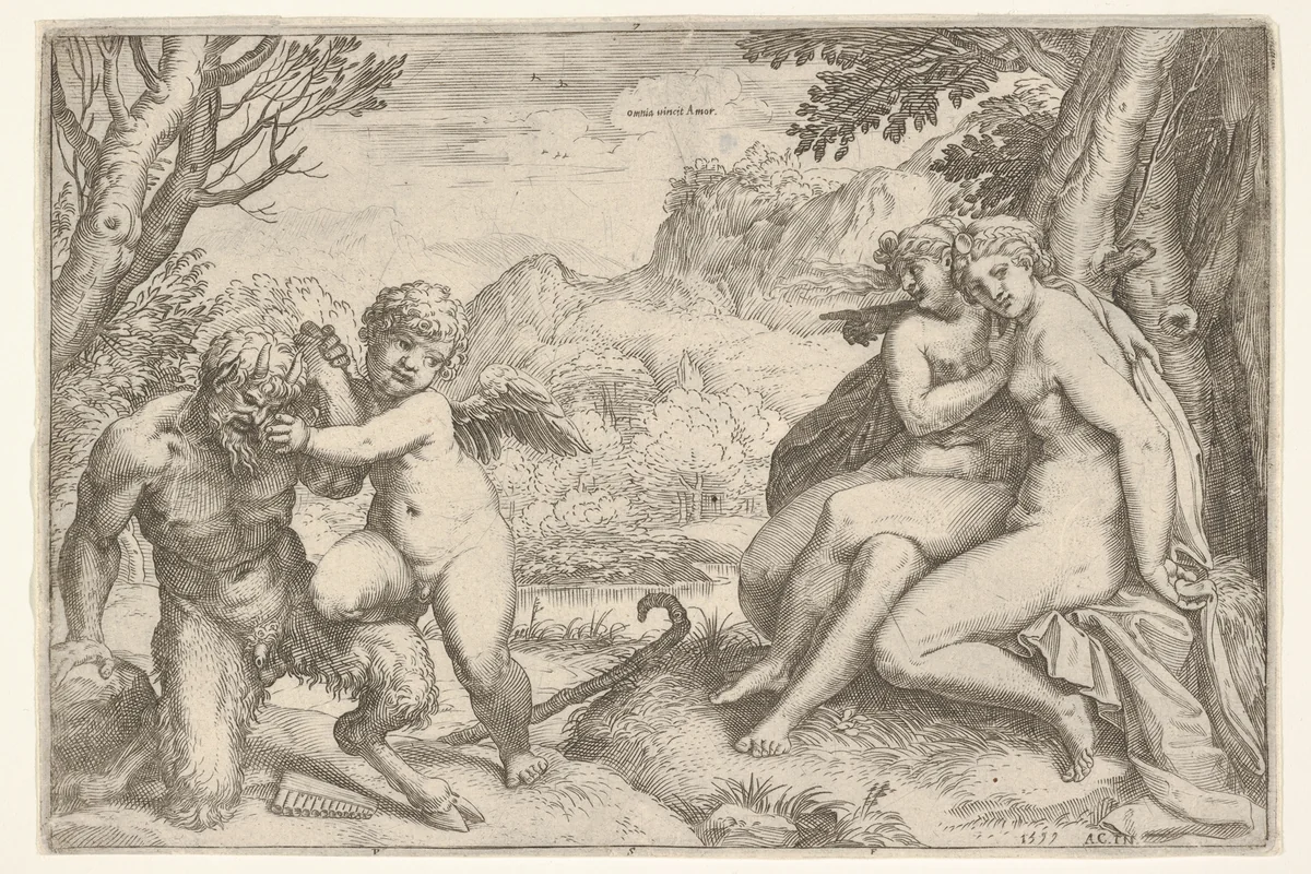 Love Conquers All (Omnia vincit Amor), in a struggle with a satyr Amor places his right knee on its thigh, two nude nymphs are seated with interlocking legs at the base of a tree by Agostino Carracci, print, 1599