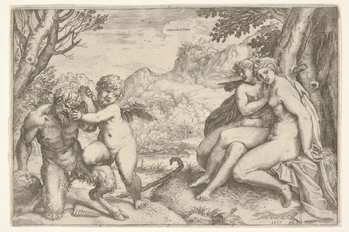 Love Conquers All (Omnia vincit Amor), in a struggle with a satyr Amor places his right knee on its thigh, two nude nymphs are seated with interlocking legs at the base of a tree by Agostino Carracci, print, 1599