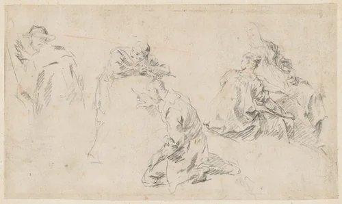 Figures Deciphering an Inscription, with Two Women Seated [Study for Oeuvres de Bossuet, IV] by Giovanni Battista Piazzetta, drawing, 1734-1738