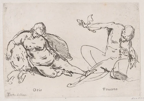 Two figures representing Sloth and Poverty by anonymous, print, 1700-1800