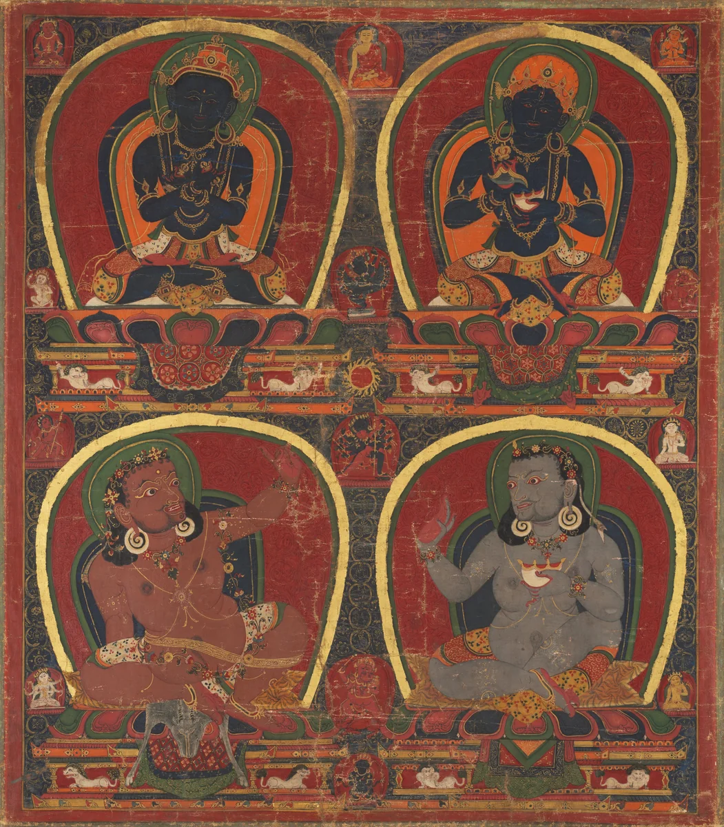 Vajradhara, Nairatmya, and mahasiddhas Virupa and Kanha by Unknown, painting, 1445-1455
