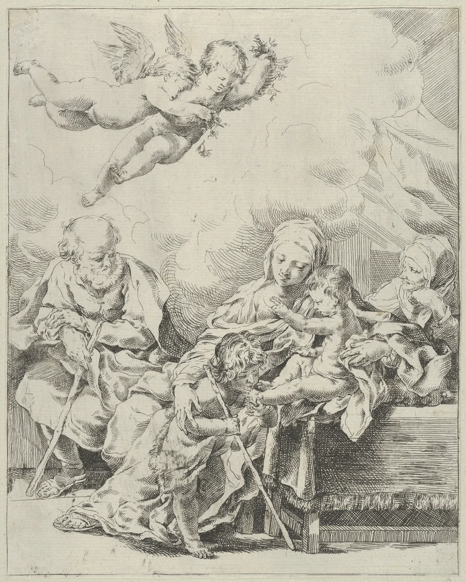The Holy Family with young John the Baptist and Saint Elizabeth, two angels above, after Reni by anonymous, print, 1585-1615