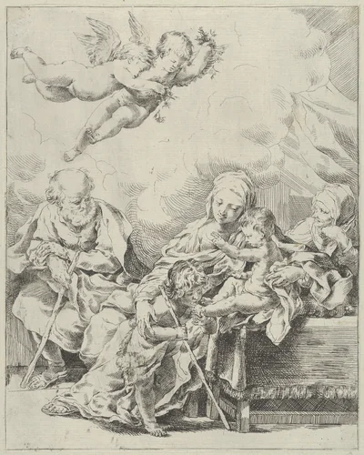 The Holy Family with young John the Baptist and Saint Elizabeth, two angels above, after Reni by anonymous, print, 1585-1615