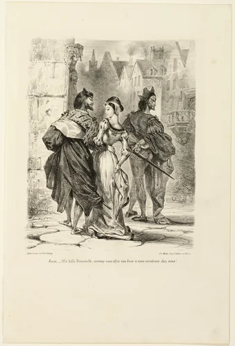 Faust Trying to Seduce Marguerite, from Faust by Eugène Delacroix, print, 1828