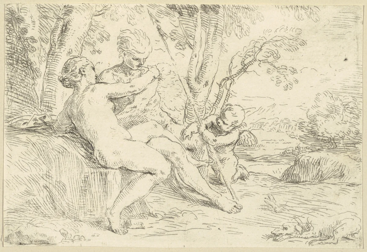 Venus and Adonis by Simone Cantarini, print, 1640-1649