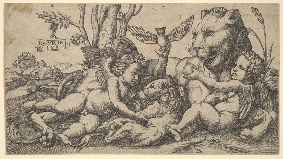 Putti and Lions by Master FG, print, 1537