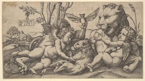 Putti and Lions by Master FG, print, 1537