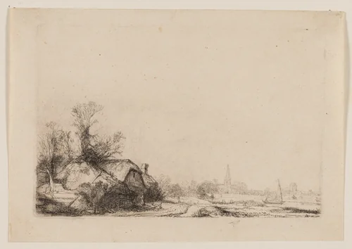 Cottage Beside a Canal With a View of Ouderkerk by Rembrandt van Rijn, print, 1640-1650