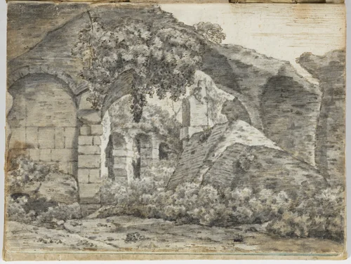 Roman ruins (recto). Three figures in classical robes (verso) (Smaller Italian sketchbook, leaf 1) by Joseph Wright, drawing, 1774-1775