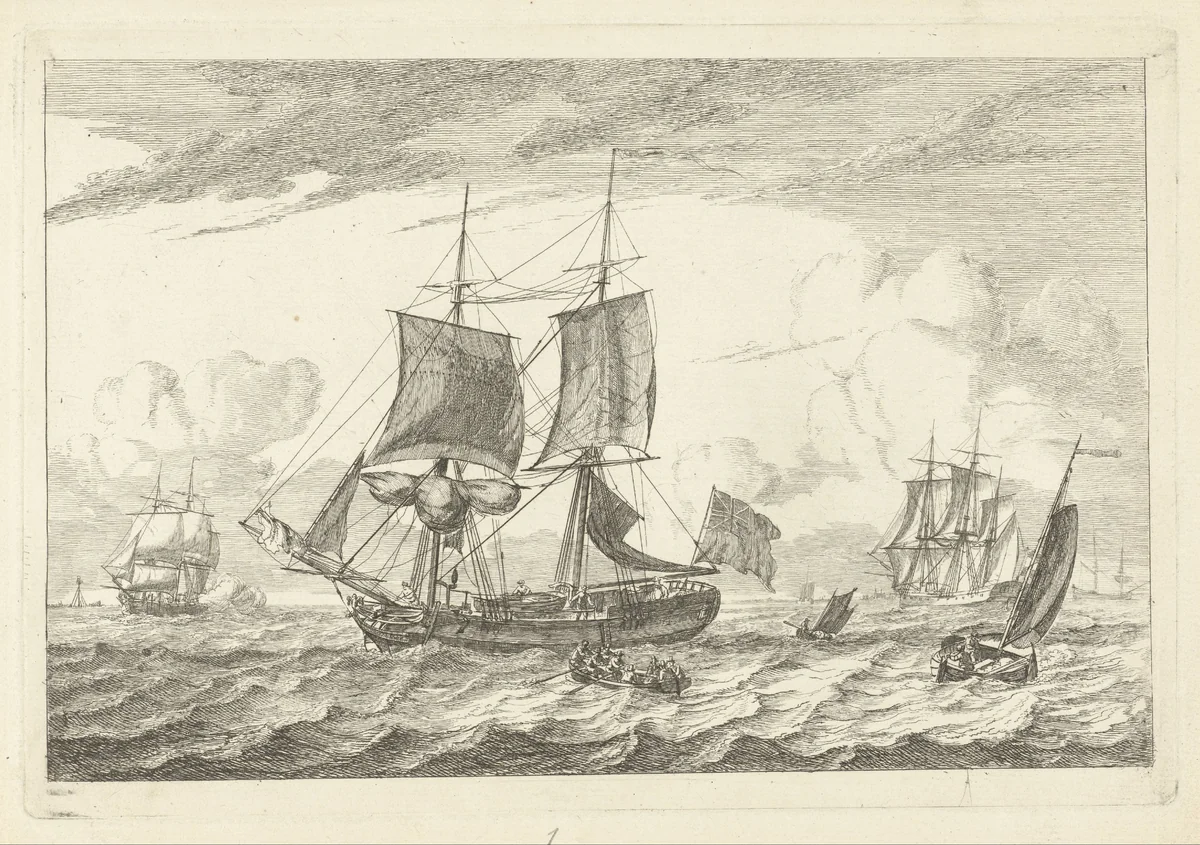 Engelse tweemaster op woelig water by Gerrit Groenewegen, print, 1793