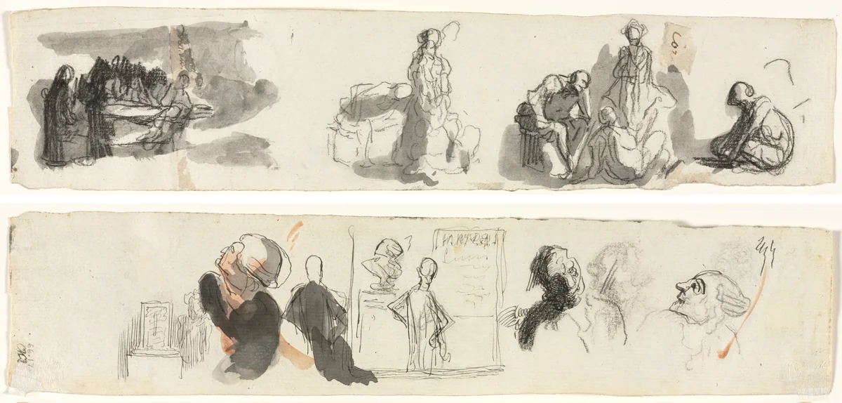 Sheet of Studies with a Group of Four Figures to the Right (recto) Sketches of Various Figures (verso) by Honoré Daumier, drawing, 1850-1879