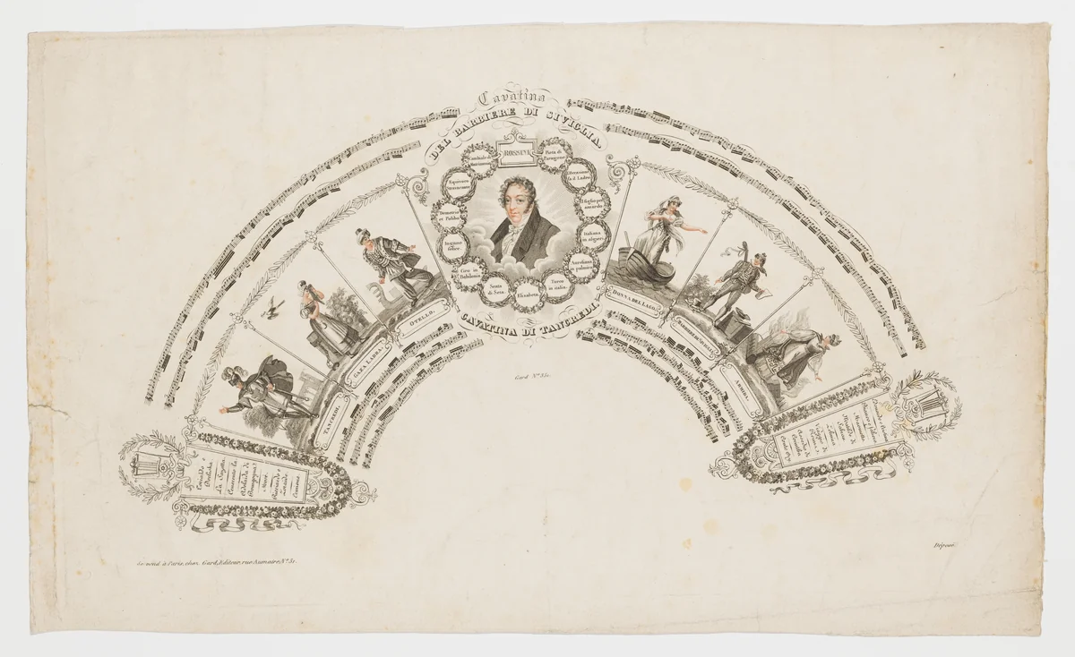 Fan leaf with portrait of Rossini, and charades and music from the Barber of Seville by anonymous, print, 1800-1899