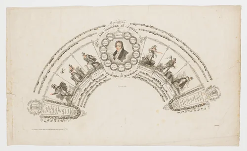 Fan leaf with portrait of Rossini, and charades and music from the Barber of Seville by anonymous, print, 1800-1899