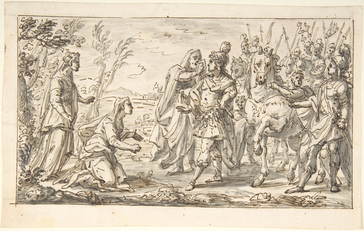 Two Women before a General by anonymous, drawing, 1700-1780