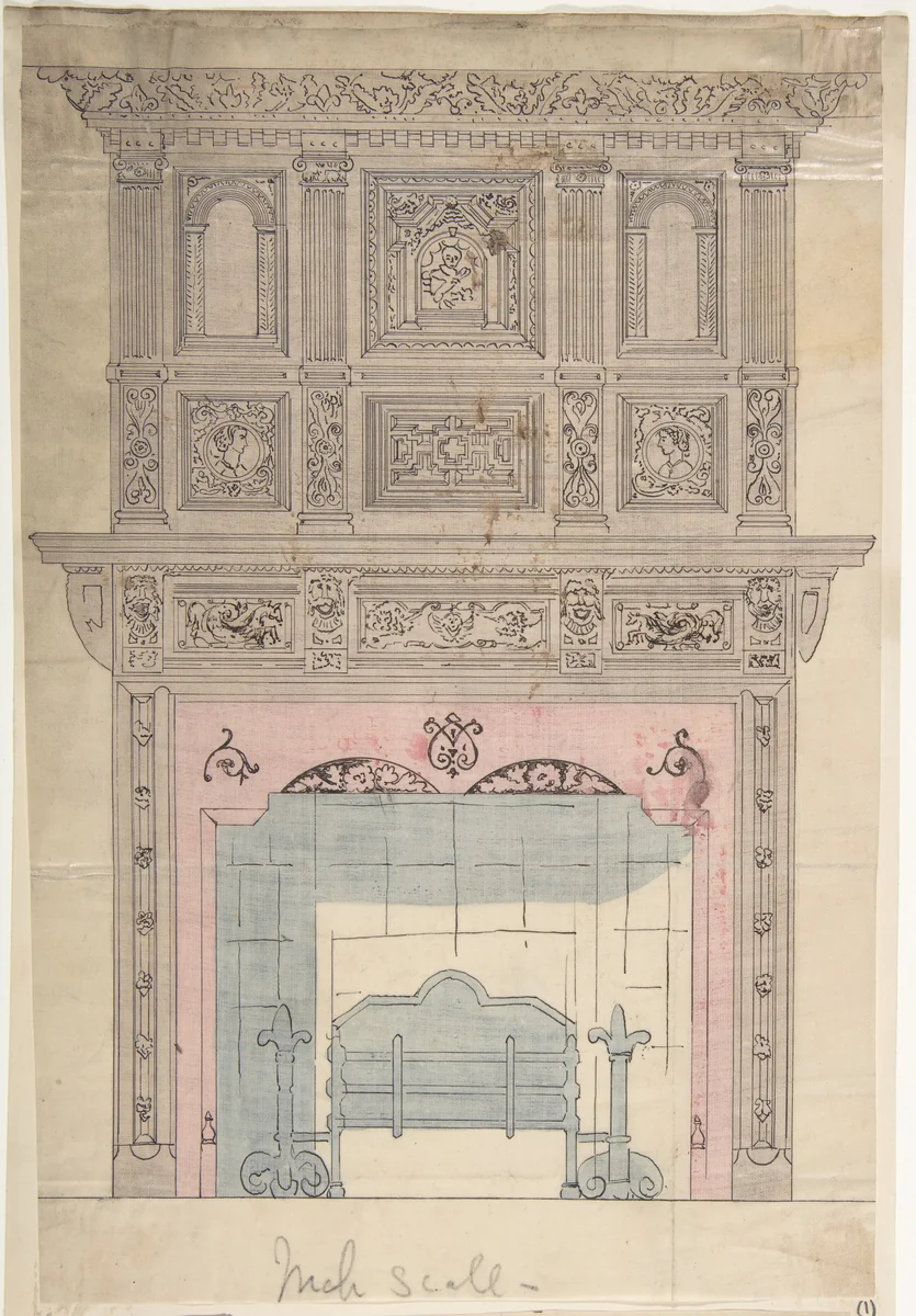Design for Fireplace and Grate by anonymous, drawing, 1800-1900