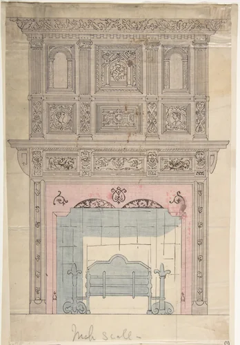 Design for Fireplace and Grate by anonymous, drawing, 1800-1900