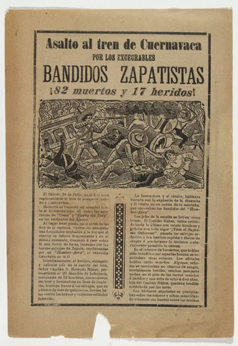 Assault on the Train from Cuernavaca by those execrable bandit Zapatistas (Asalto al tren de Cuernavaca por los excecrables bandidos Zapatistas) by José Guadalupe Posada, print, 1910