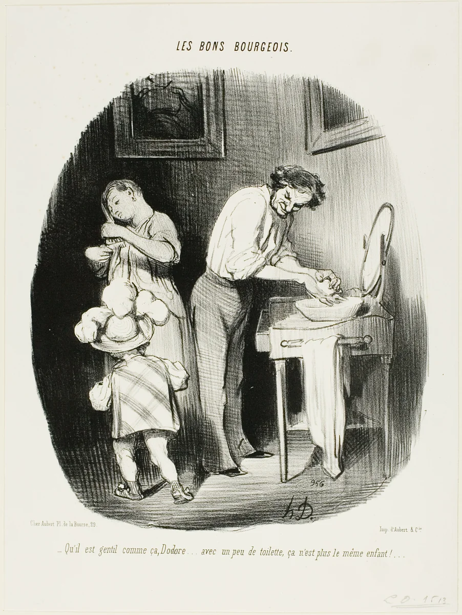 “- Isn't he cute like that, Dodore... with a little bit of cleaning up, he is just not the same child any more!...,” plate 37 from Les Bons Bourgeois by Honoré-Victorin Daumier, print, 1847